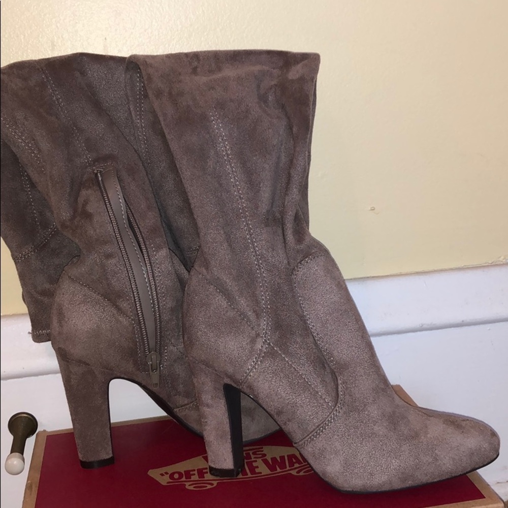grey knee high boots, suede material